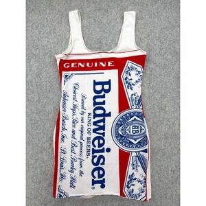 Vintage 1980s Budweiser Beer Dress S White Red Blue Graphic Bodycon USA Made